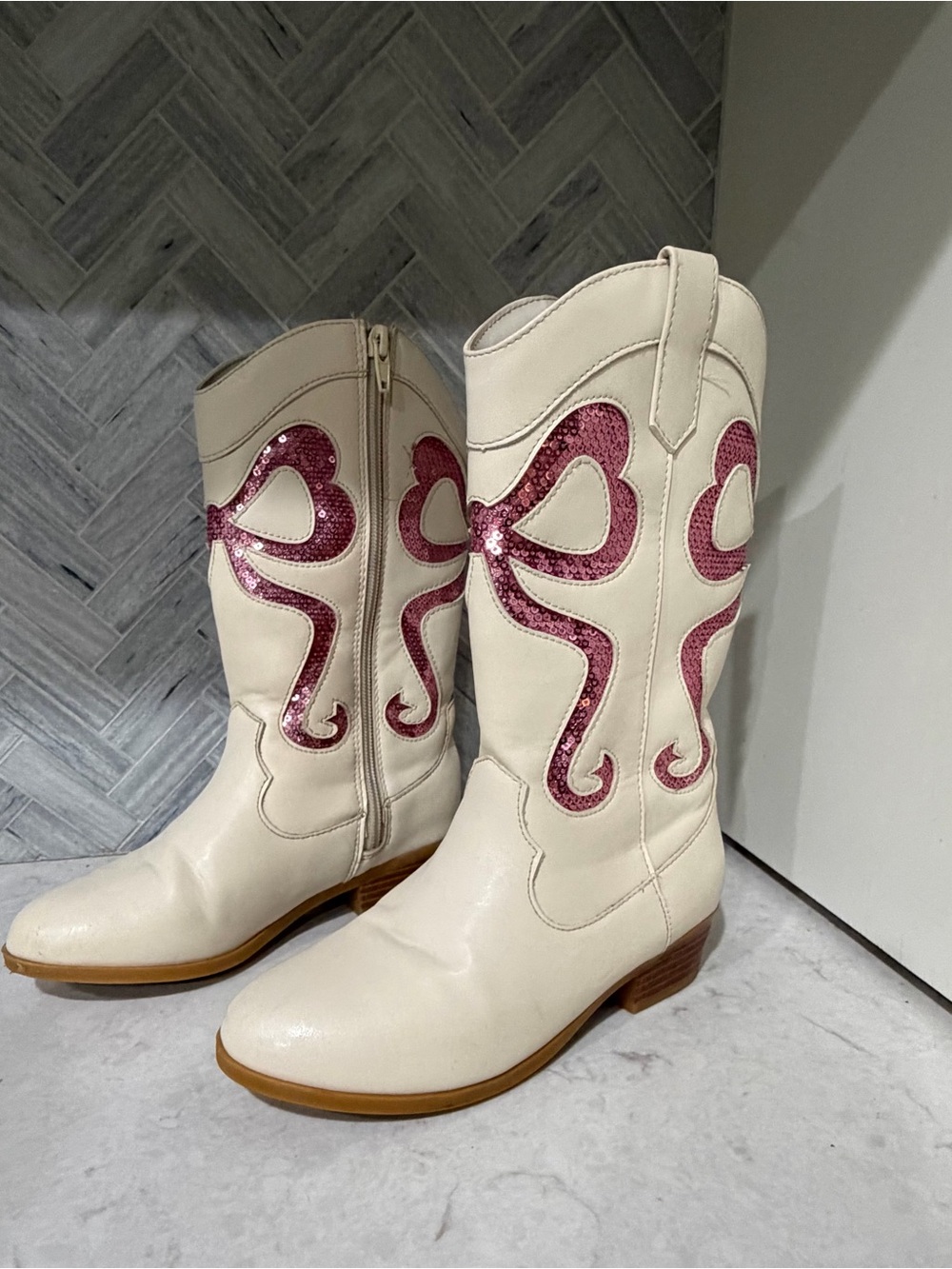 cupcakes & cashmere Cream Knee-High Boots with Pink Sequin Heart Motif